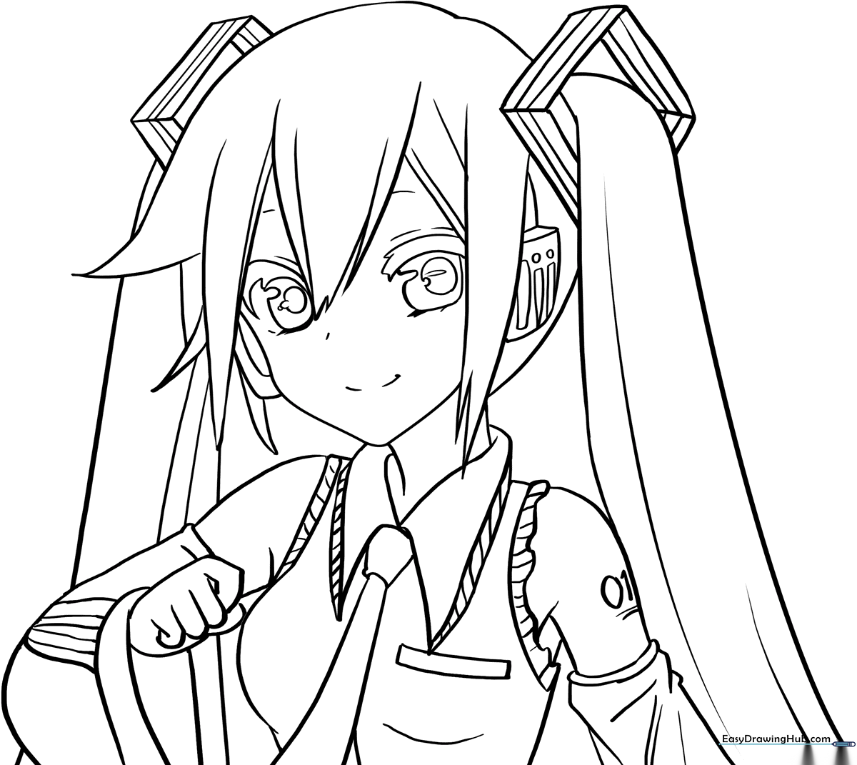 Black and white line art of Hatsune Miku featuring her signature long twin-tails and school-style uniform, optimized for coloring with markers or pencils.