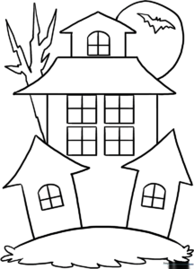 Black and white line art of a spooky haunted house with crooked windows and a tall chimney, designed for children to color.
