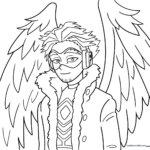 Detailed line art of Hawks from My Hero Academia, featuring his signature goggles and feathered wings, ready for coloring.