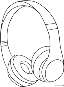 Black and white line art of over-ear headphones with a thick headband and circular ear cups, designed for children to color.