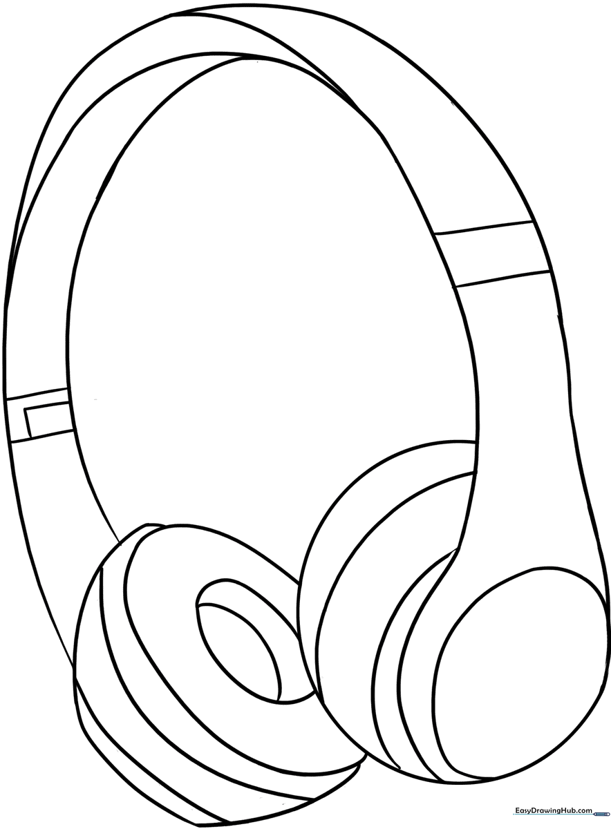 Black and white line art of over-ear headphones with a thick headband and circular ear cups, designed for children to color.