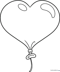 A clean, bold-lined illustration of a heart-shaped balloon with a tied string, designed for children to color within the lines.