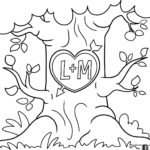 Black and white line art of a heart symbol carved into the rough bark of a tree trunk, designed for children to color.