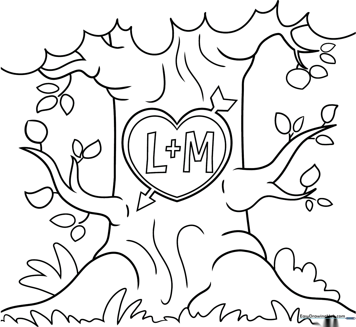 Black and white line art of a heart symbol carved into the rough bark of a tree trunk, designed for children to color.