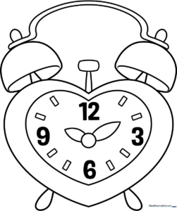 Black and white line art of a heart-shaped clock with clear numerals and clock hands, designed for children to color.