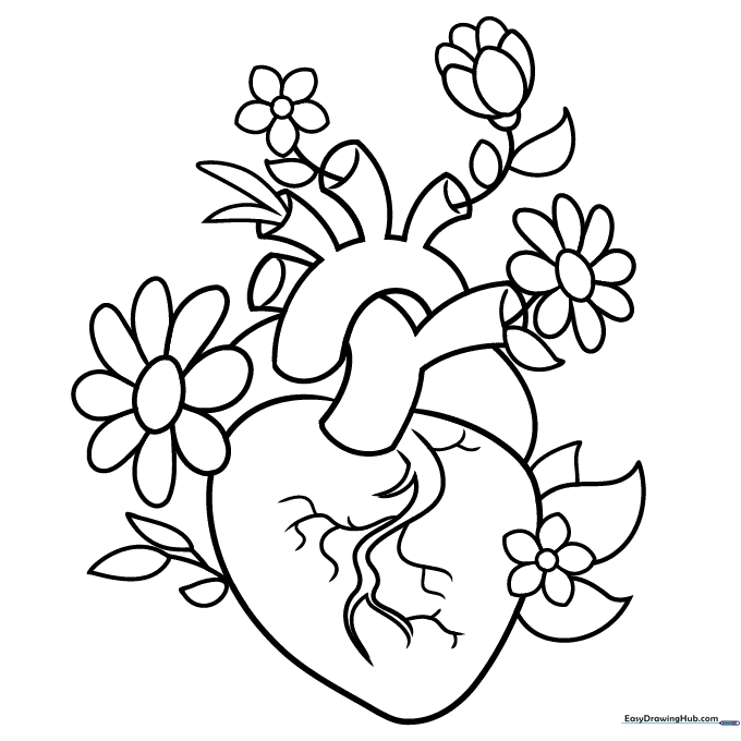 Anatomical Heart with Flowers Coloring Sheet