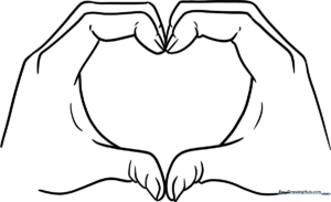 Black and white line art of two hands forming a heart shape, designed for children to color with crayons or markers.