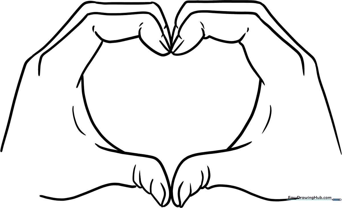 Black and white line art of two hands forming a heart shape, designed for children to color with crayons or markers.