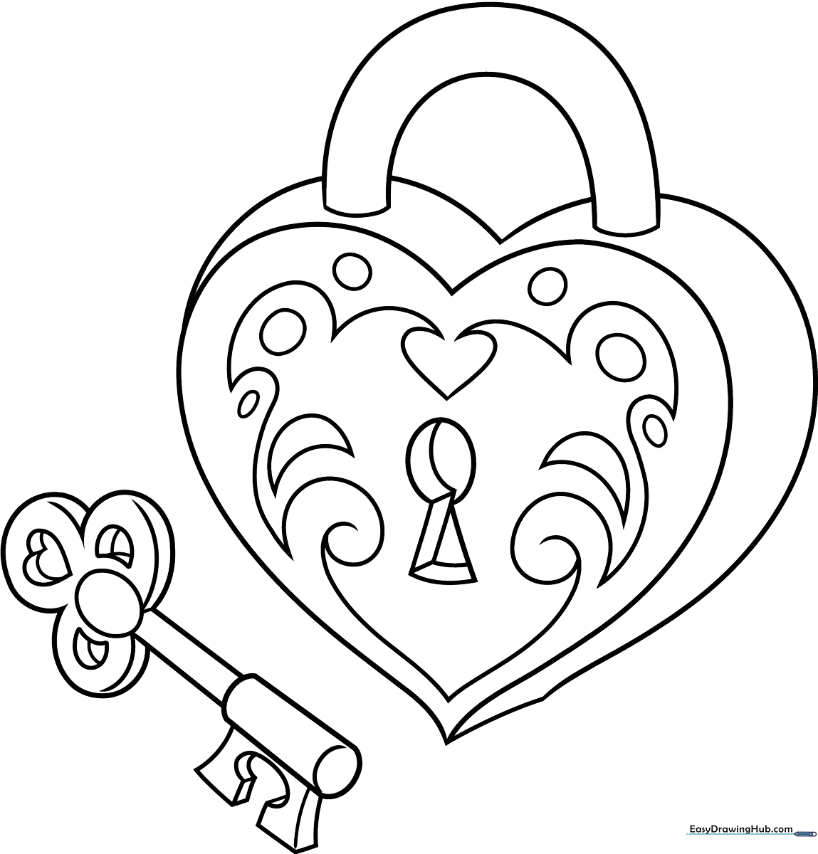 Black and white line art of a heart-shaped locket with a decorative hinge, ready for children to color with markers or crayons.