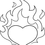 Black and white line art of a heart surrounded by stylized flames, designed for children to color with markers or crayons.