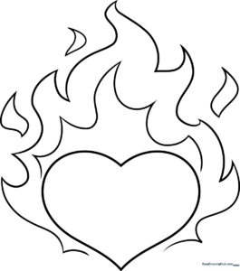 Black and white line art of a heart surrounded by stylized flames, designed for children to color with markers or crayons.