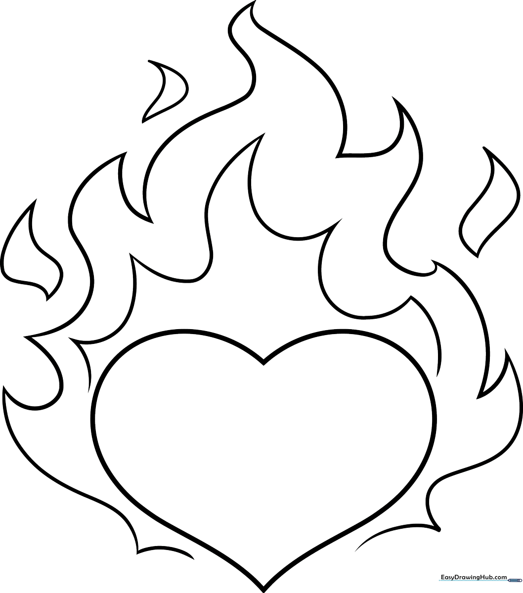 Black and white line art of a heart surrounded by stylized flames, designed for children to color with markers or crayons.