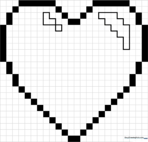 A clean, black-and-white grid-based pixel art heart outline on a white background, designed for children to practice coloring within specific square boundaries.