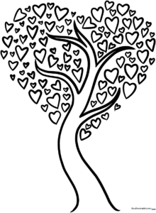 Black and white line art of a tree with heart-shaped leaves, designed for children to color with markers or crayons.