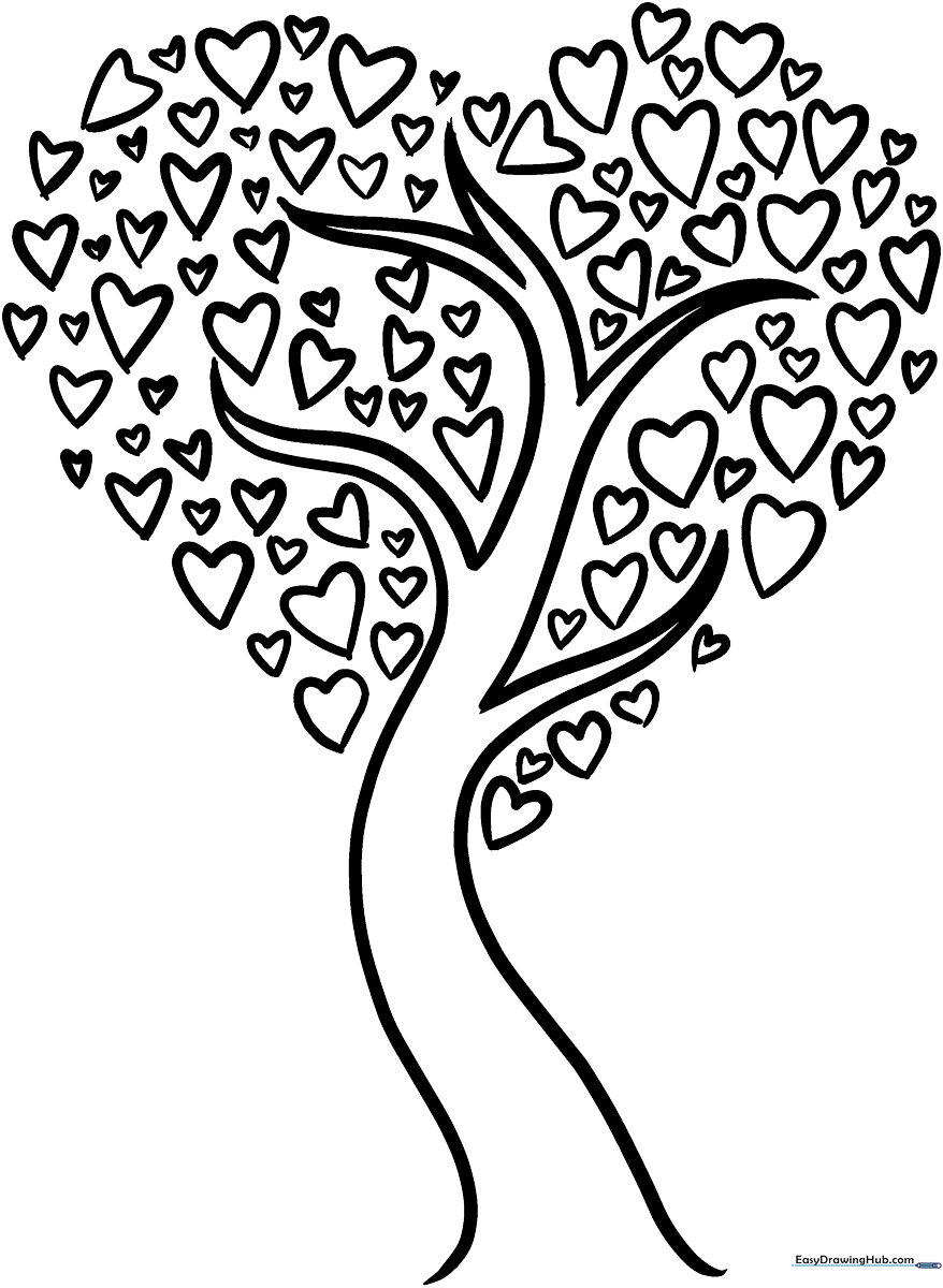 Black and white line art of a tree with heart-shaped leaves, designed for children to color with markers or crayons.