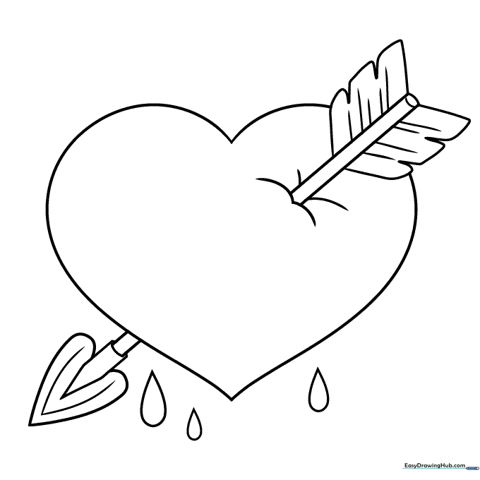 Black and white line art of a heart pierced by a cupid arrow, featuring clean outlines for easy coloring by children.