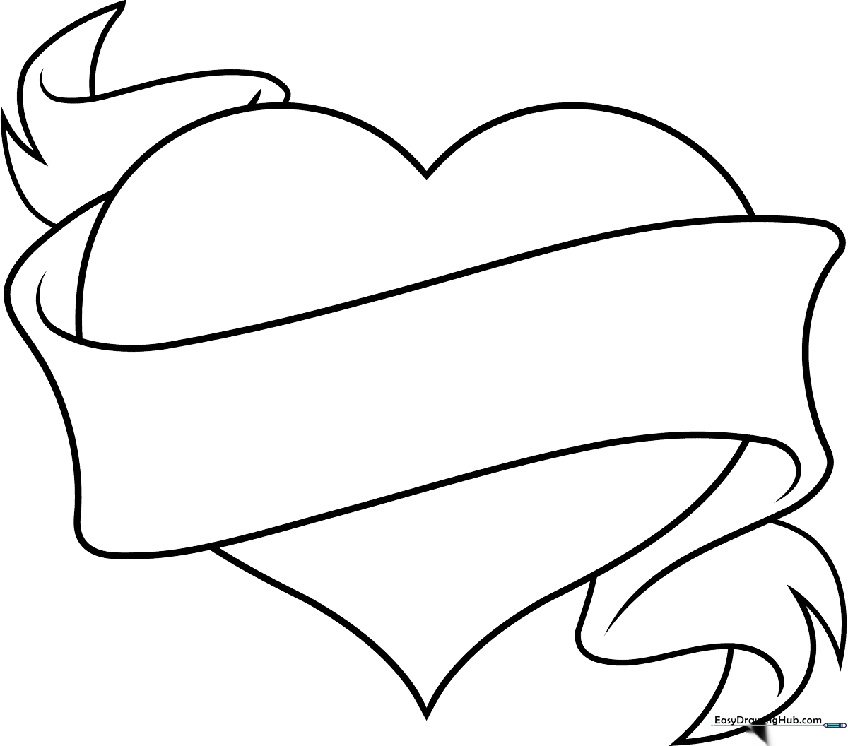 Black and white line art of a heart wrapped in a decorative ribbon, featuring bold outlines for easy coloring by children.