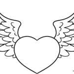Black and white line art of a stylized heart with large, feathered wings, ready for children to color.