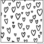 Black and white line art of a heart-themed doodle pattern featuring various heart shapes and decorative swirls for children to color.