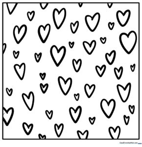 Black and white line art of a heart-themed doodle pattern featuring various heart shapes and decorative swirls for children to color.