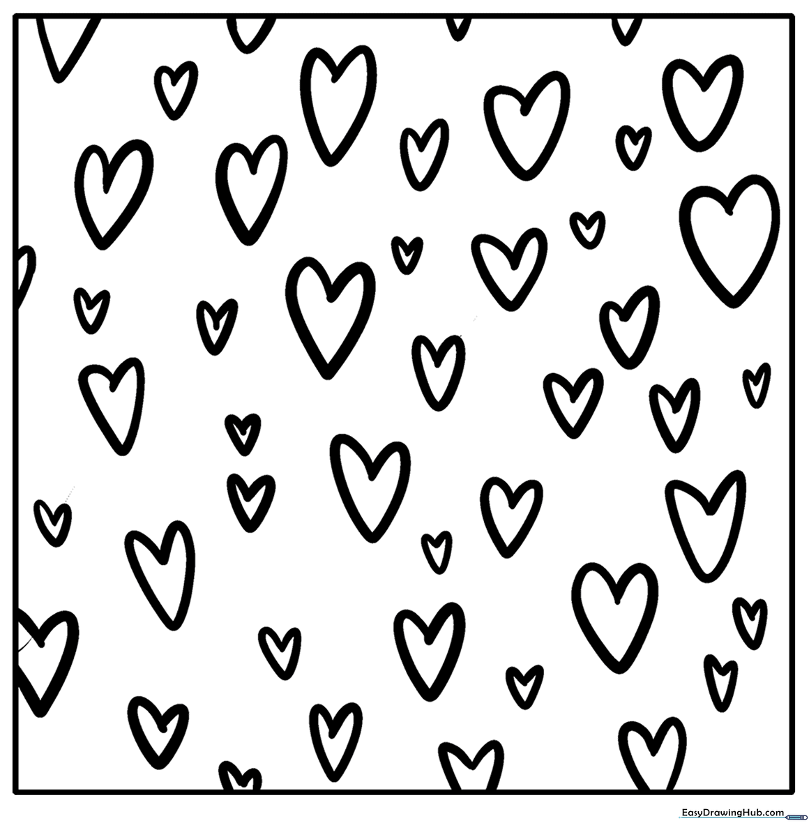 Black and white line art of a heart-themed doodle pattern featuring various heart shapes and decorative swirls for children to color.