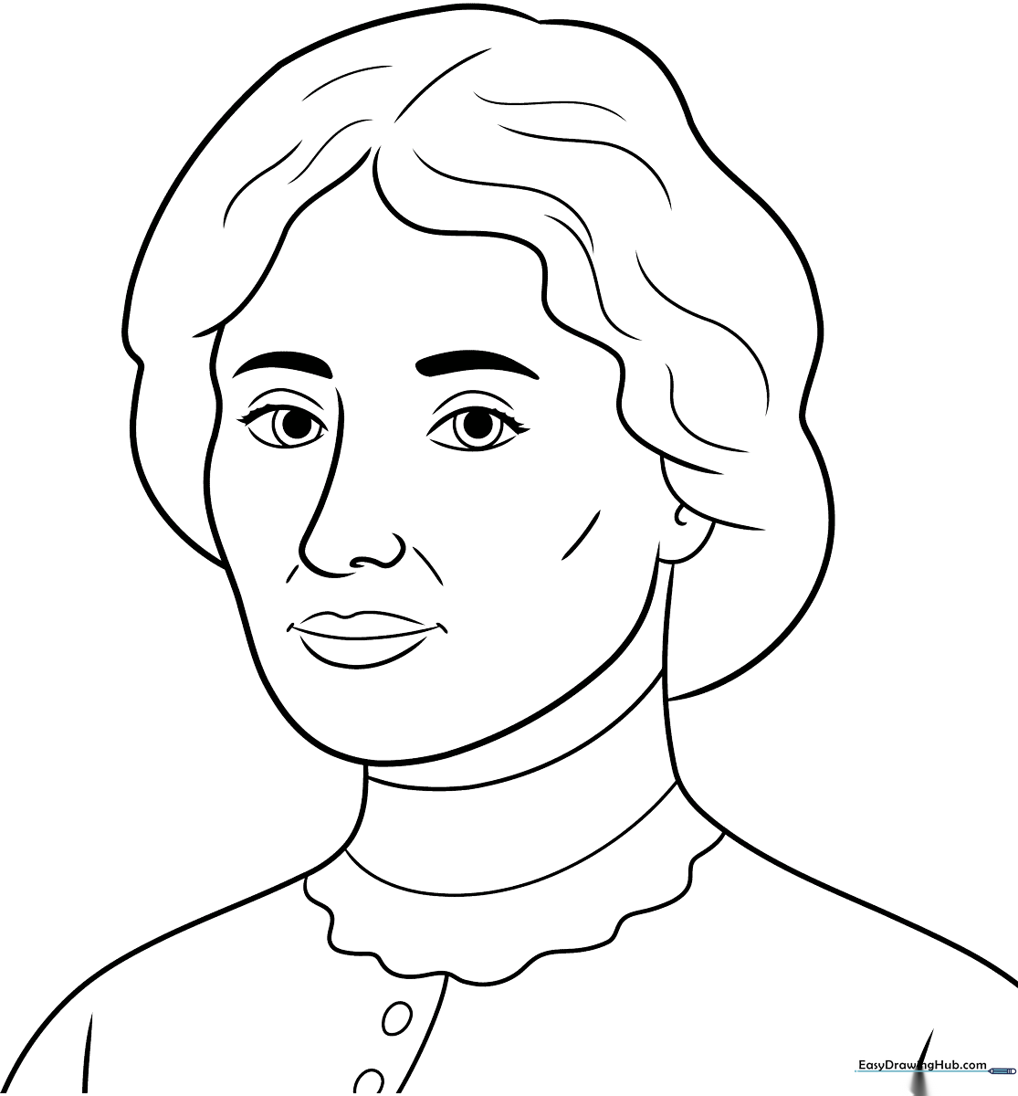 Black and white line art illustration of Helen Keller, designed for children to color, featuring clear outlines for easy coloring practice.