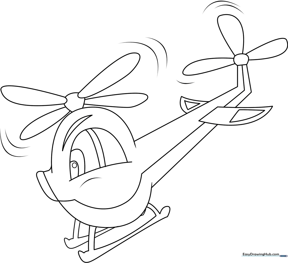 Black and white line art of a friendly cartoon helicopter with bold outlines, designed for easy coloring by children.