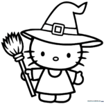 Hello Kitty wearing a pointed witch hat and festive Halloween outfit, clean line art for children to color.