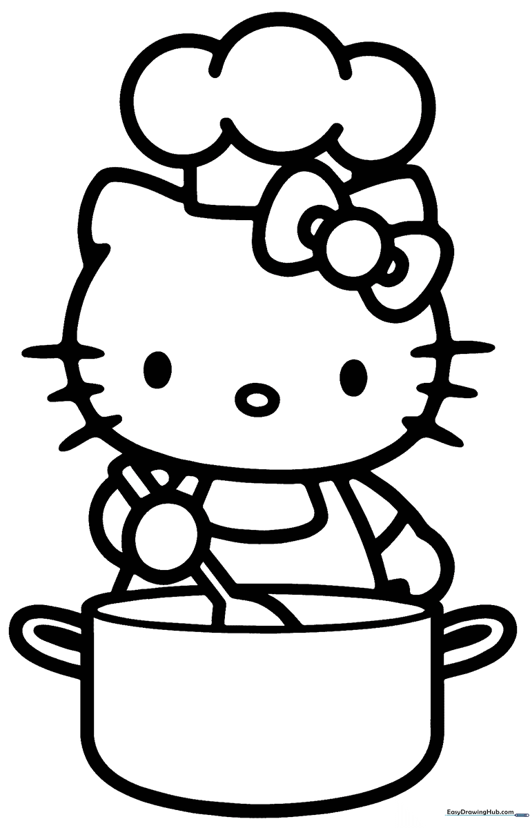 Hello Kitty wearing a chef's hat and apron, holding kitchen utensils, outlined in bold black lines for easy coloring.