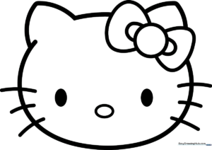 Clean line art of Hello Kitty's face featuring her signature bow, oval eyes, and whiskers, ready for children to color.
