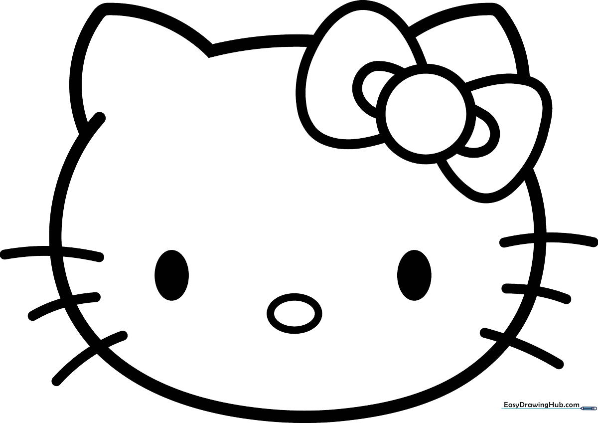 Clean line art of Hello Kitty's face featuring her signature bow, oval eyes, and whiskers, ready for children to color.
