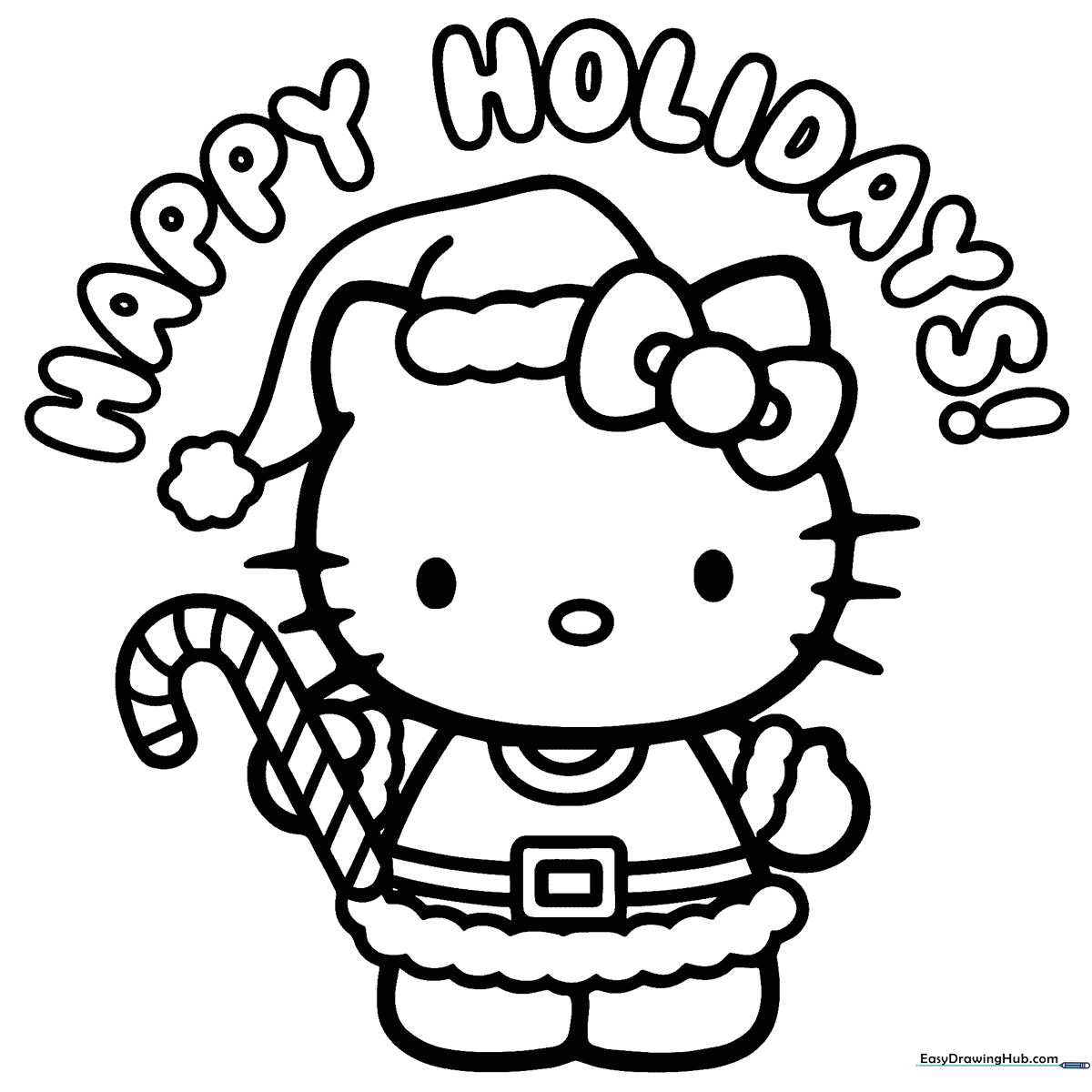 Hello Kitty wearing holiday-themed accessories, featuring clean, bold outlines perfect for children to color with crayons or markers.