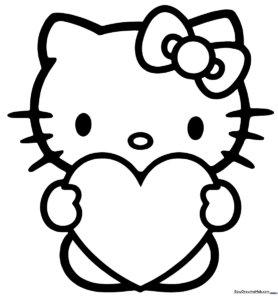 Black and white line art of Hello Kitty smiling while holding a large heart, designed for children to color with crayons or markers.