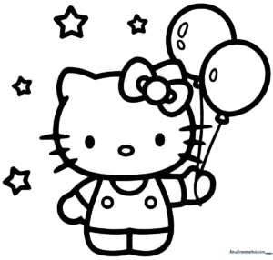 Black and white line art of Hello Kitty holding a cluster of three balloons, featuring clear outlines for easy coloring by children.
