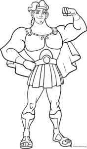 Black and white line art of Hercules standing in a heroic pose, featuring clear outlines for easy coloring by children.