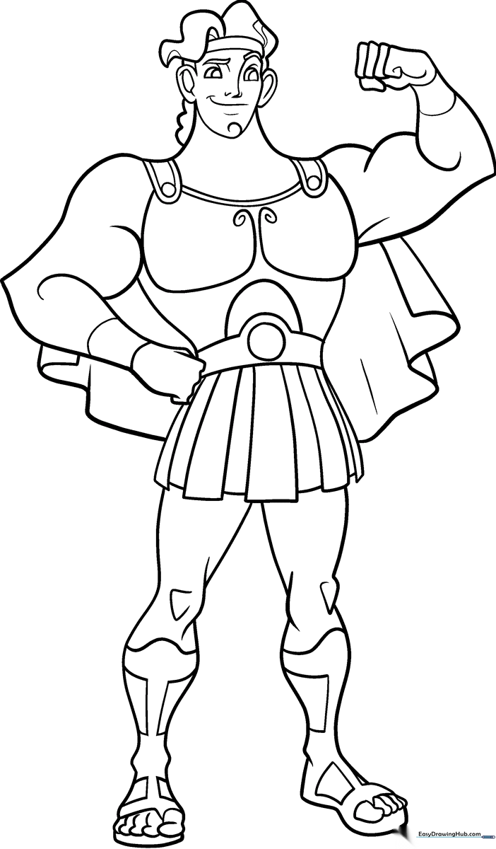 Black and white line art of Hercules standing in a heroic pose, featuring clear outlines for easy coloring by children.