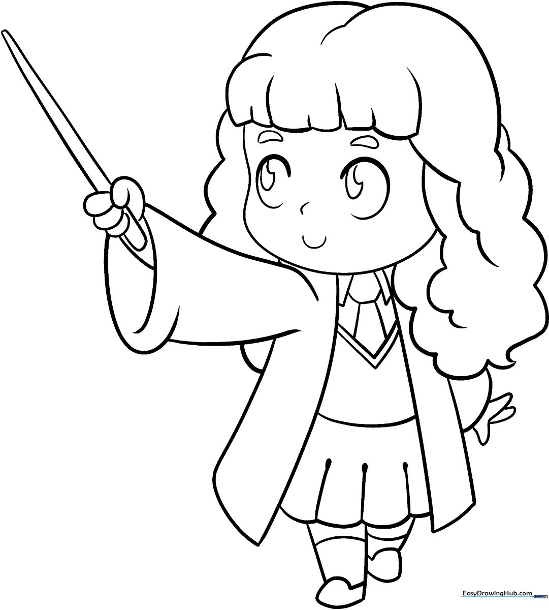Clean line-art illustration of Hermione Granger from Harry Potter, featuring clear outlines for easy coloring by children.