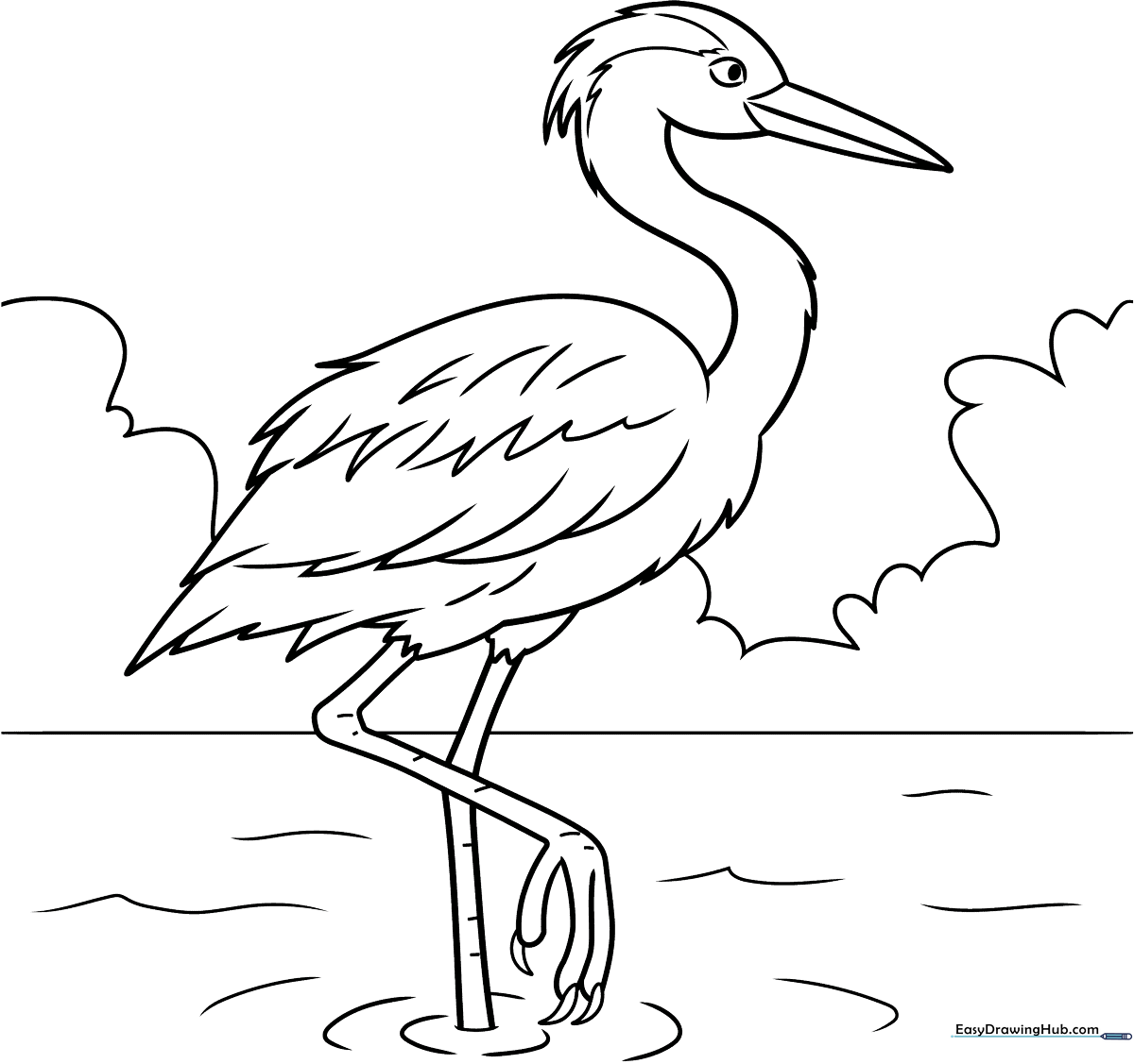 A clean, black-and-white line art illustration of a standing heron, featuring bold outlines for easy coloring by children.