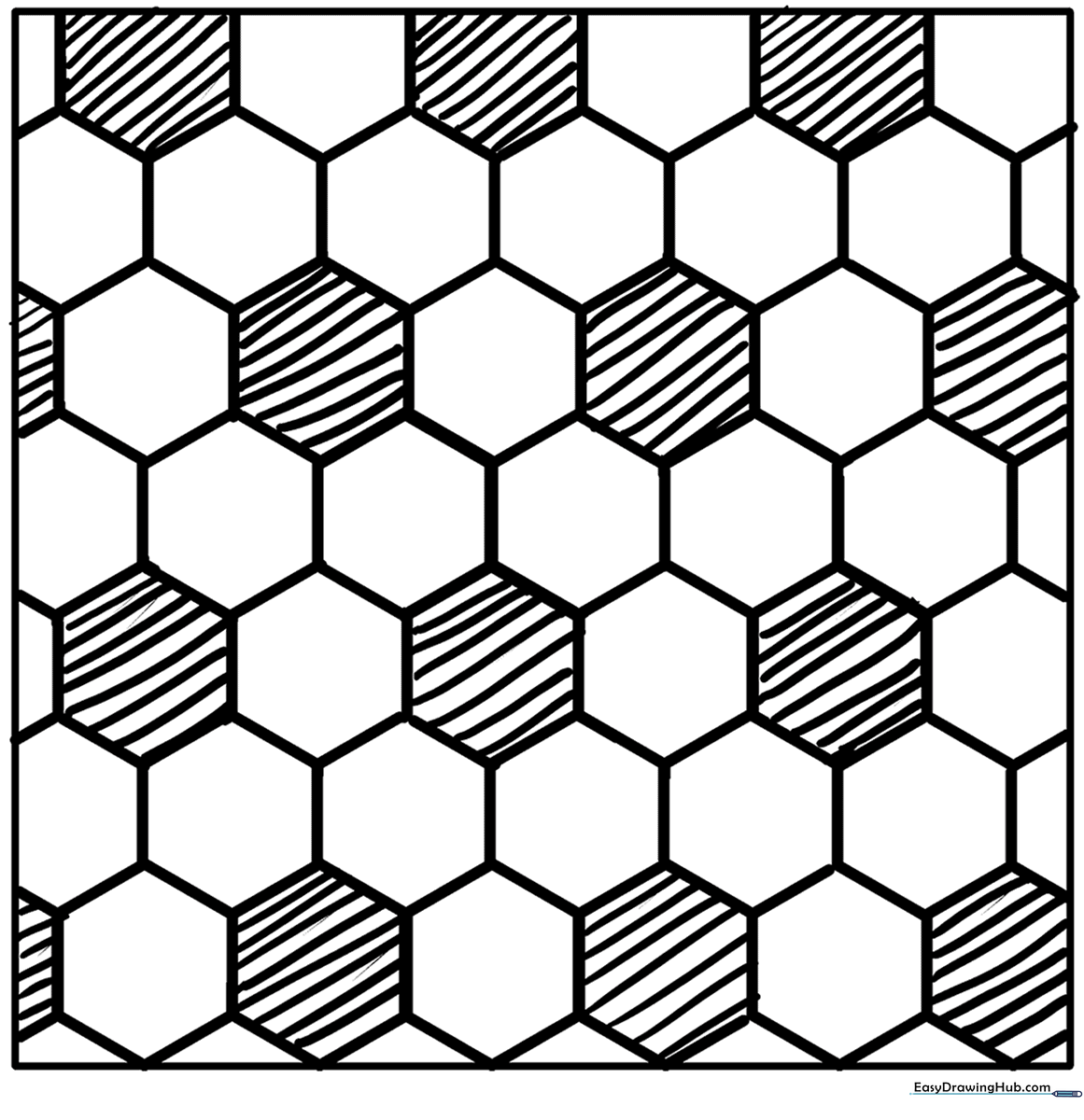 Black and white geometric hexagon grid pattern ready for coloring with markers or crayons