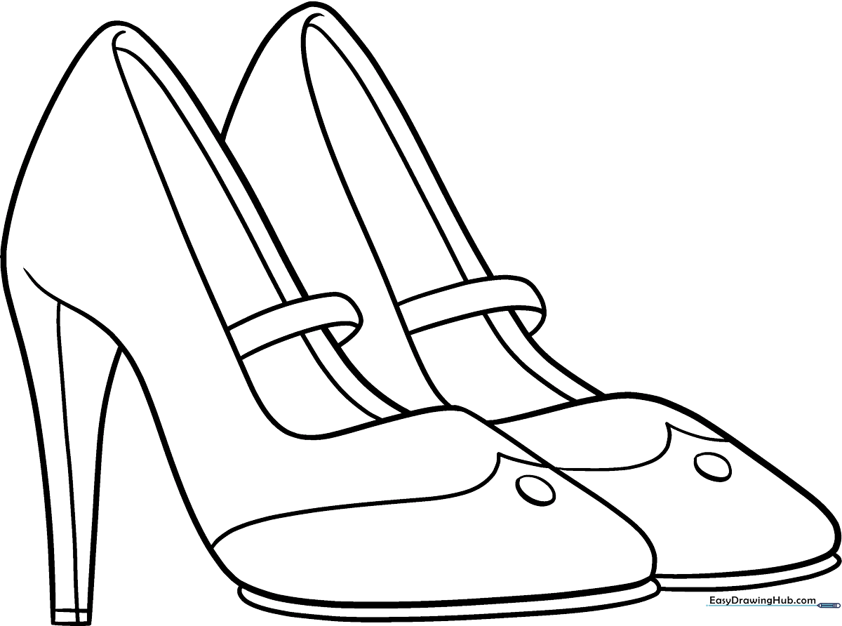 Black and white line art of a classic stiletto high heel shoe, featuring clear outlines for easy coloring by children.