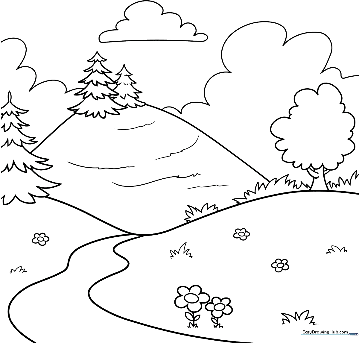 A clean, black-and-white line art illustration of a gentle rolling hill, designed for children to color with markers or crayons.