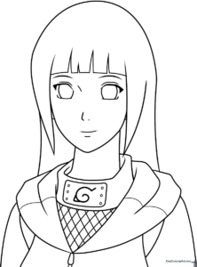 Black and white line art of Hinata Hyuga from Naruto, featuring clear outlines for coloring her signature ninja attire and long hair.