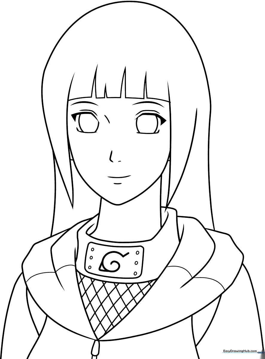 Black and white line art of Hinata Hyuga from Naruto, featuring clear outlines for coloring her signature ninja attire and long hair.