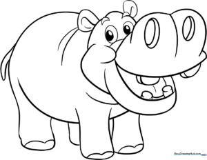 A friendly cartoon hippo with rounded features and a smiling expression, outlined in bold black lines for easy coloring by children.
