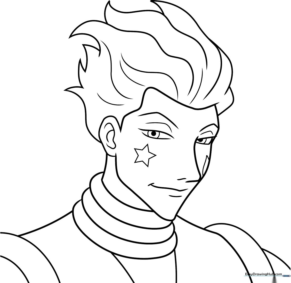 Black and white line art of Hisoka from Hunter x Hunter, featuring clear outlines for easy coloring and detailed character features.