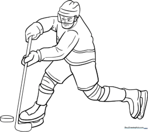 Line art illustration of a hockey player in full gear holding a stick, ready for coloring.