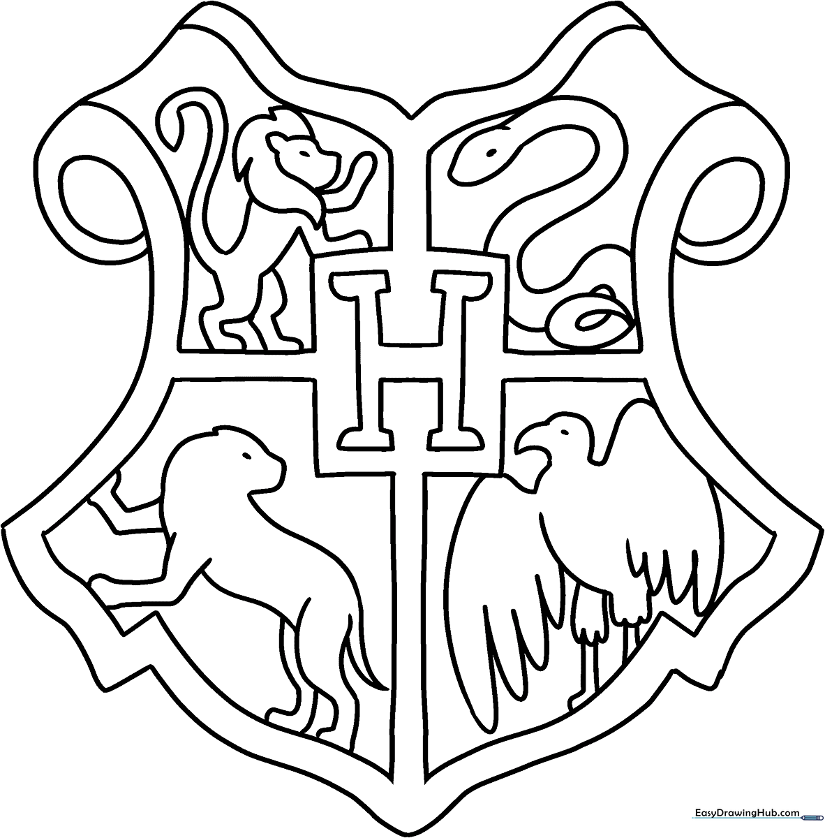 Detailed black and white line art of the Hogwarts School crest, featuring the four house animals and central H letter, ready for coloring.