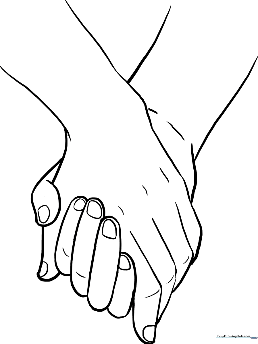 Black and white line art of two hands holding each other, designed for children to color with markers or crayons.