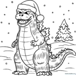Holiday Godzilla character wearing a festive hat, featuring bold outlines for easy coloring by children.