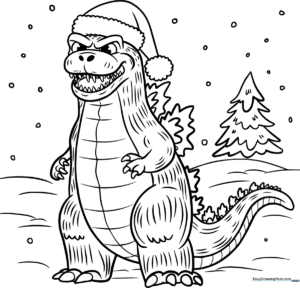Holiday Godzilla character wearing a festive hat, featuring bold outlines for easy coloring by children.